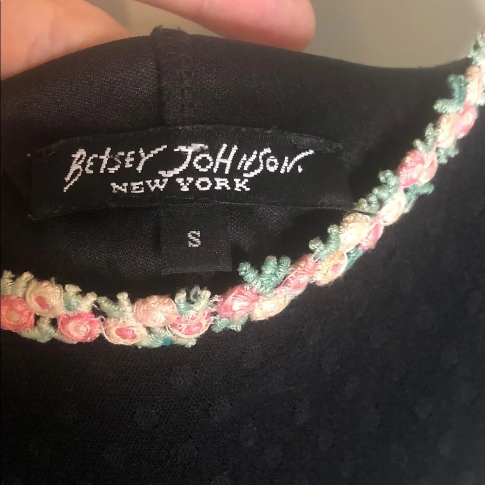 Vintage Betsey Johnson 90’s Swiss Dot Black Dress with Pink Flowers Trim - Picture 2 of 11